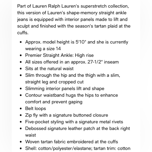 Lauren Ralph Lauren Premier Straight Ankle Plaid Cuff Jeans Sz 12 - Picture 12 of 16